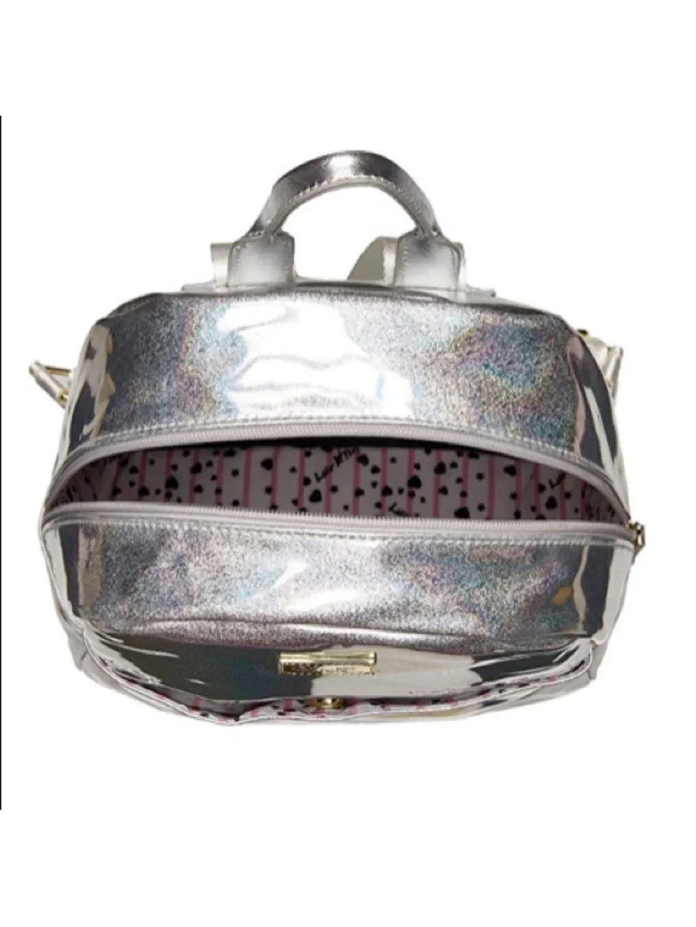 BETSEY JOHNSON Metallic Silver Rainbow Heart Sprinkle Backpack